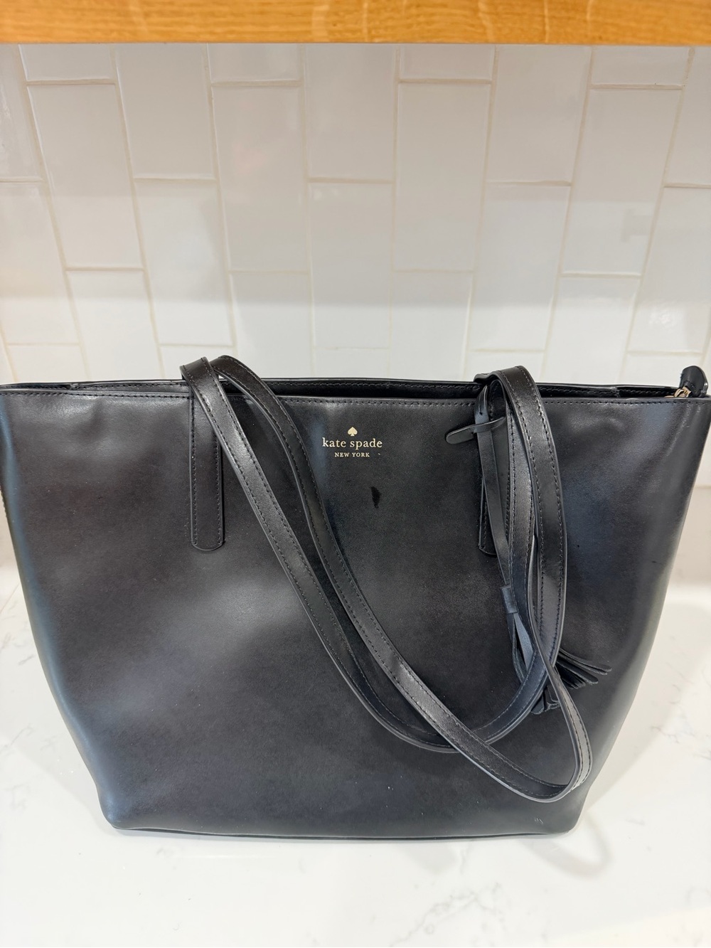 kate spade Black Leather Shoulder Tote with Tassel